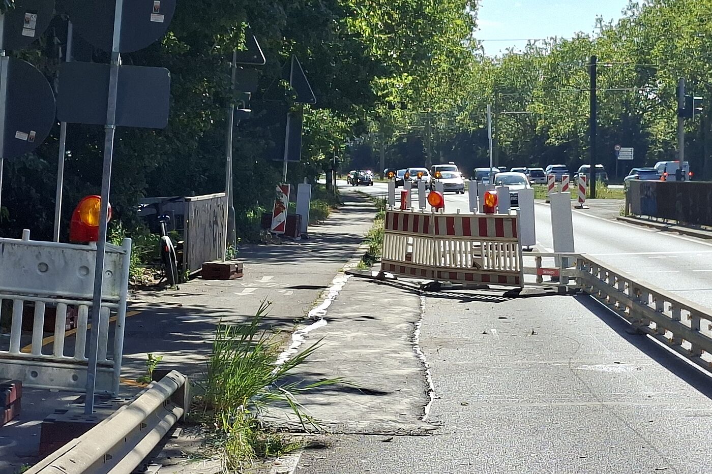 20260711_102231.jpg Düsseldorfer Seite: Auch hier ein sicher gestalteter Übergang. Nicht gut: Die Spitzkehre zur steilen Rampe auf den Deich und fehlende Klarheit, ob der linke Radweg benutzt werden darf (er darf nicht).